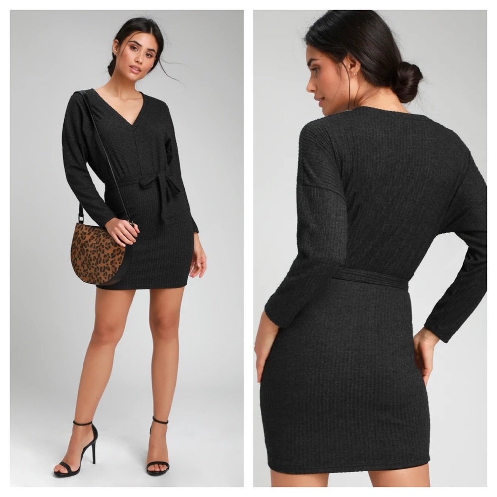 ✨Lulus Zariah Charcoal Grey Ribbed Knit Bodycon Sweater Dress NWOT Medium